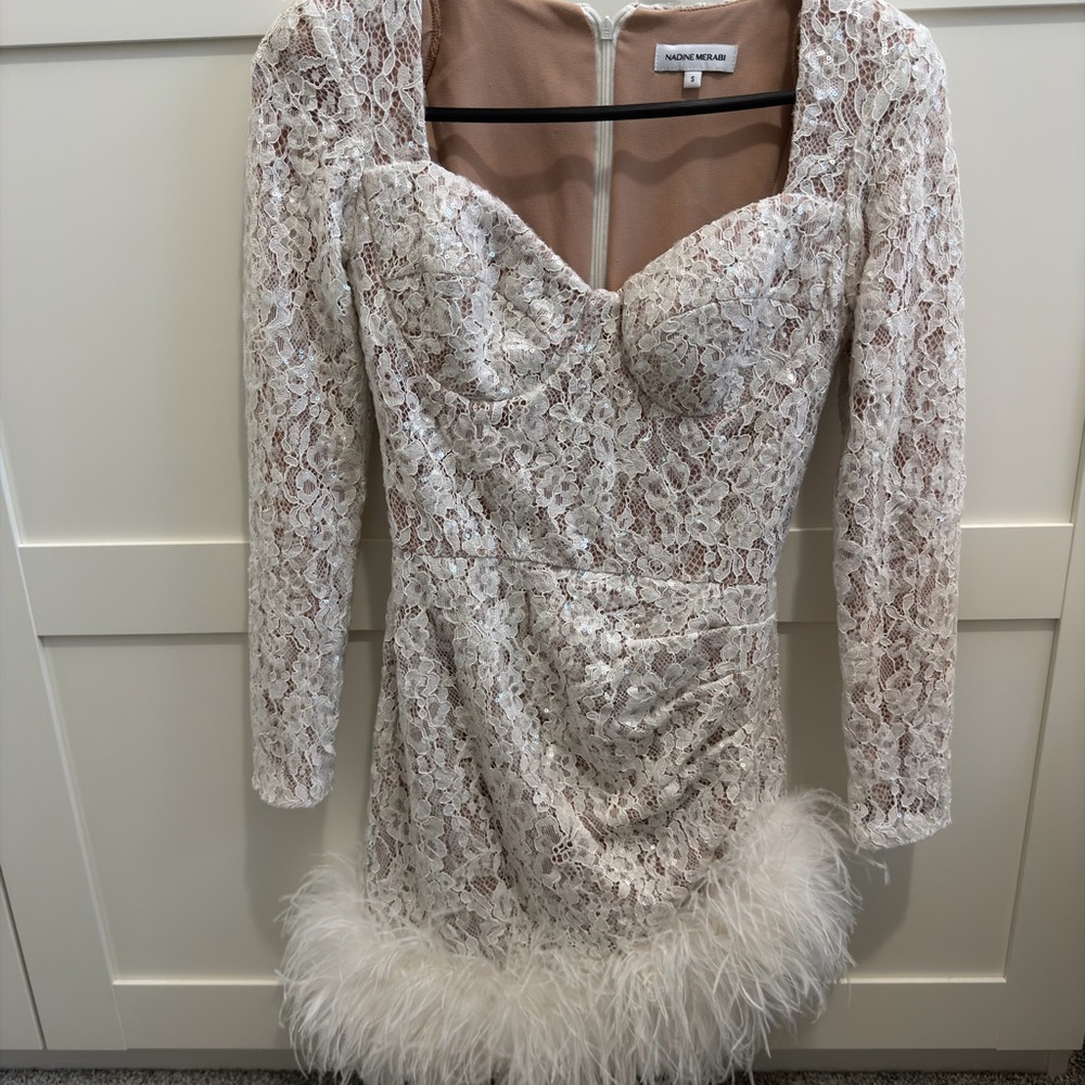 Nadine Merabi Carly Dress White Lace Long-Sleeve Feather-Hem Mini Dress